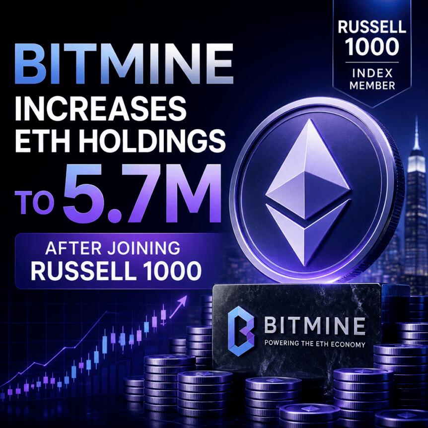 Bitmine加入罗素1000后，以太坊持仓增至570万枚