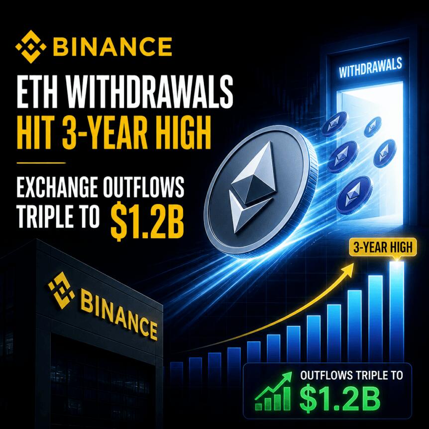 币安ETH提现量创三年新高，交易所资金流出激增三倍达12亿美元
