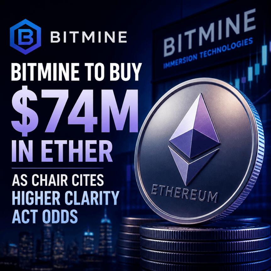 Bitmine拟斥资7400万美元购入以太币，主席称《清晰法案》通过概率上升