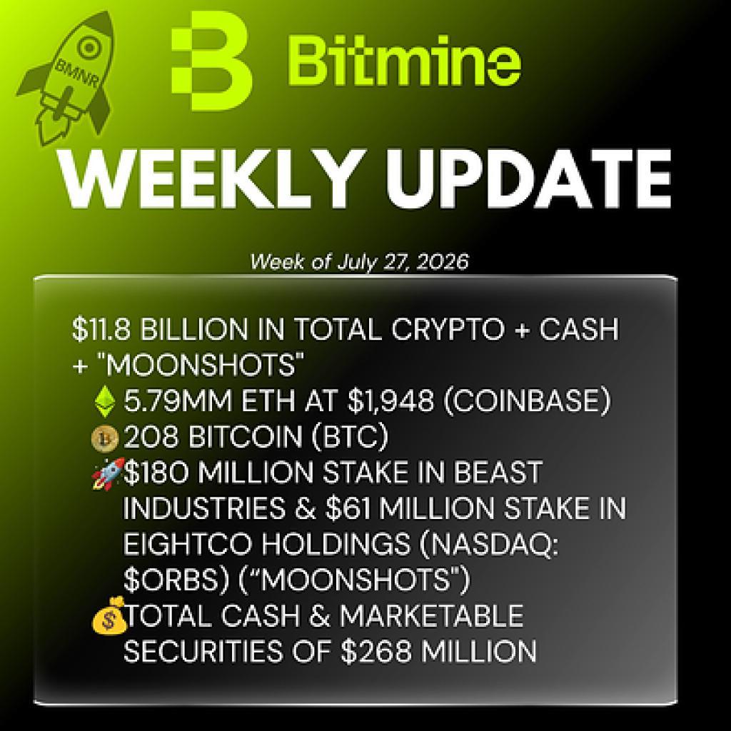 Bitmine Immersion Technologies (BMNR) 宣布以太坊持仓达579万枚，加密货币及现金总持有量达118亿美元