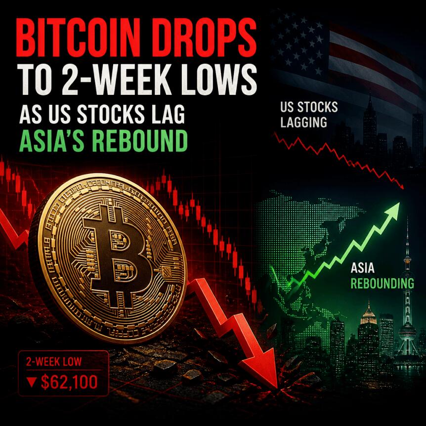 Bitcoin falls to a two-week low, U.S. stocks underperform Asia's rebound