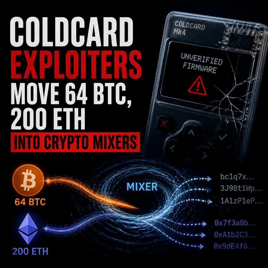 Coldcard exploit transferred 64 BTC and 200 ETH into a currency mixer