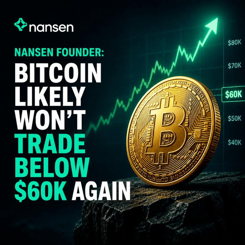 Nansen创始人：比特币或不会再跌破6万美元