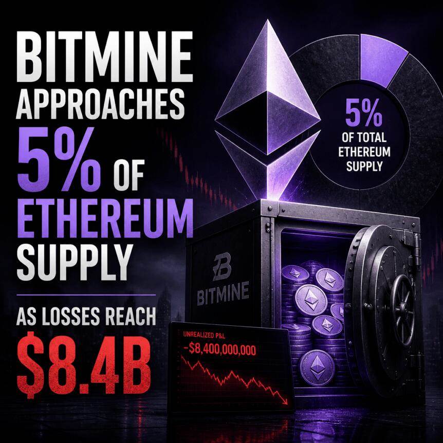 Bitmine以太坊供应量逼近5%，亏损达84亿美元