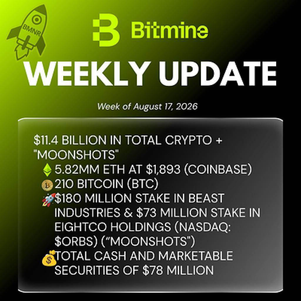 Bitmine Immersion Technologies (BMNR) 宣布以太坊持仓达582万枚，加密资产及现金总持有量达114亿美元
