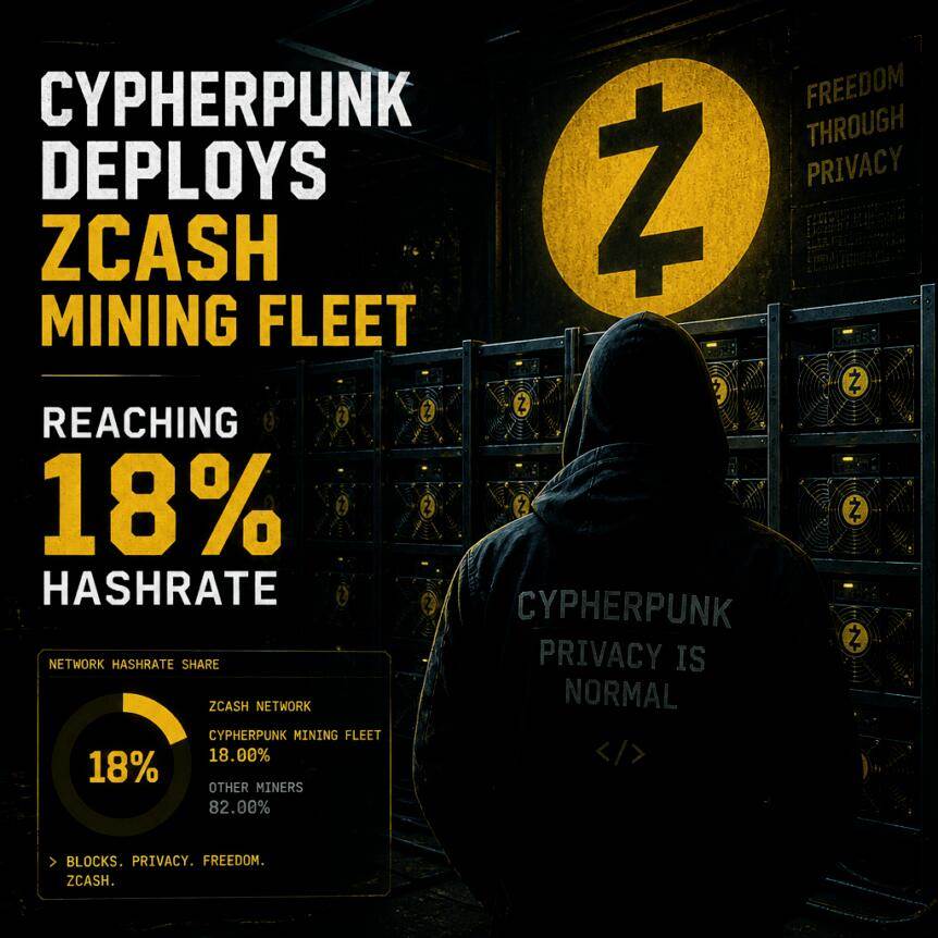 密码朋克部署Zcash矿机集群，算力占比达18%
