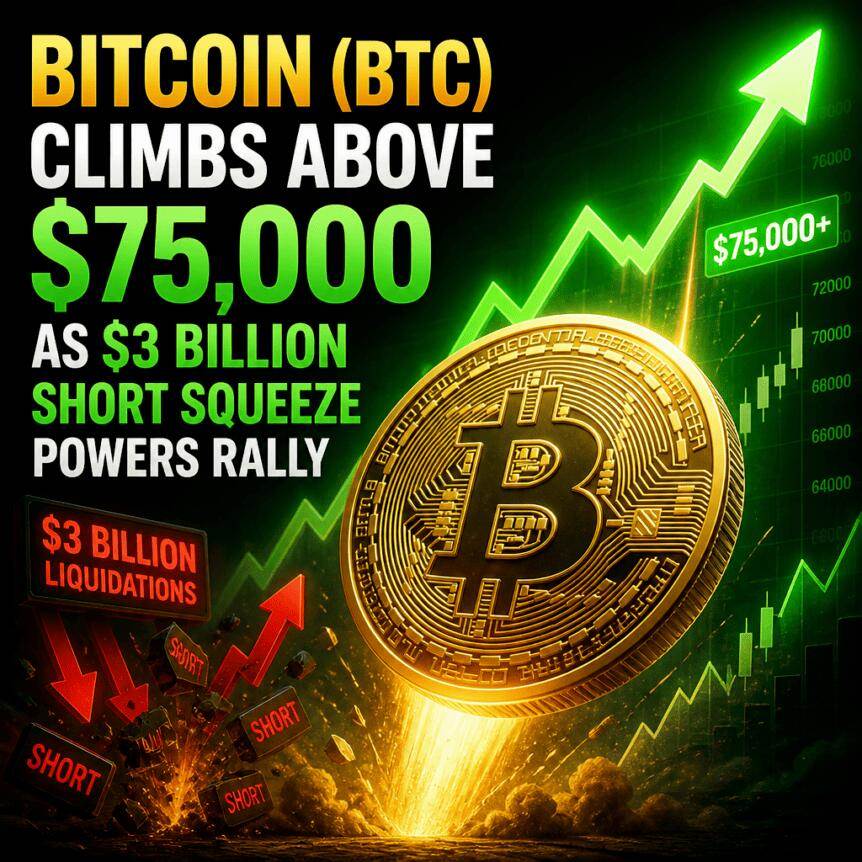 比特币（BTC）涨破75,000美元，30亿美元空头挤压推动涨势