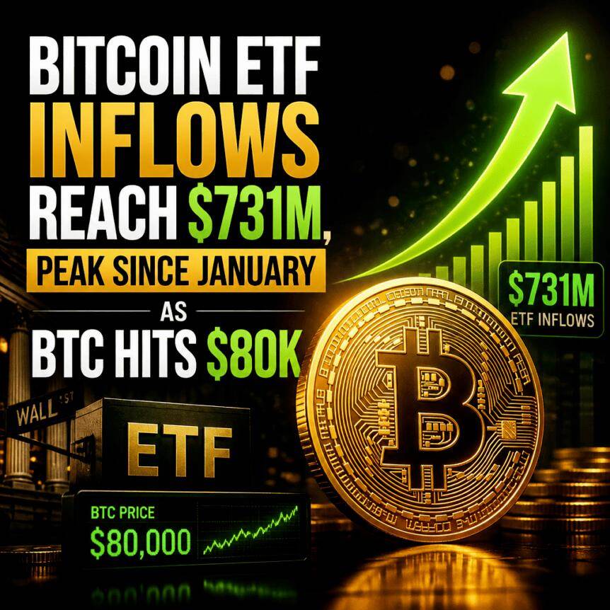 比特币ETF流入达7.31亿美元，创1月以来新高，BTC突破8万美元