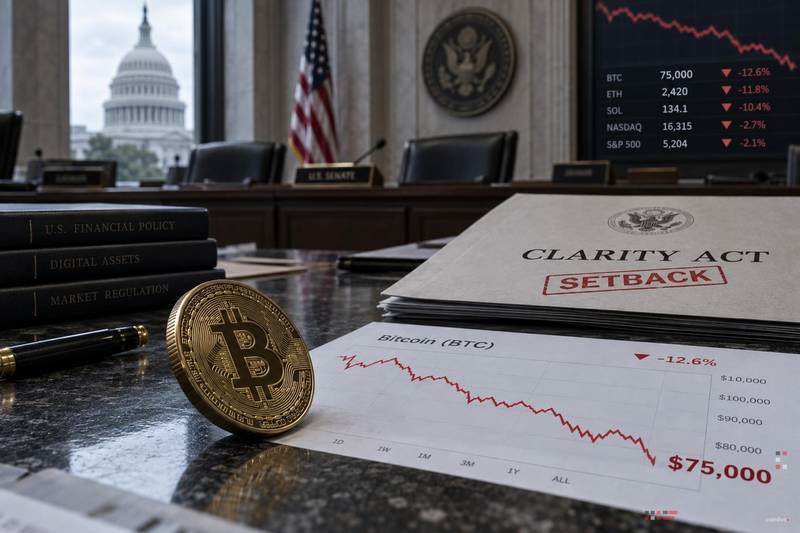 Bitcoin drops to $75,000 after CLARITY bill thwarted