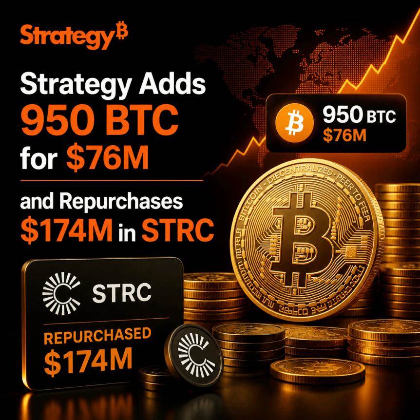 策略增持950枚BTC（耗资7600万美元）并回购1.74亿美元STRC