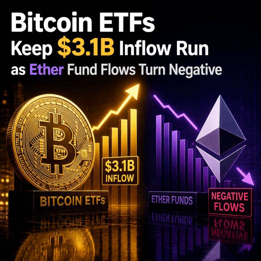 比特币ETF持续吸引31亿美元资金流入，以太坊基金资金流转为负值