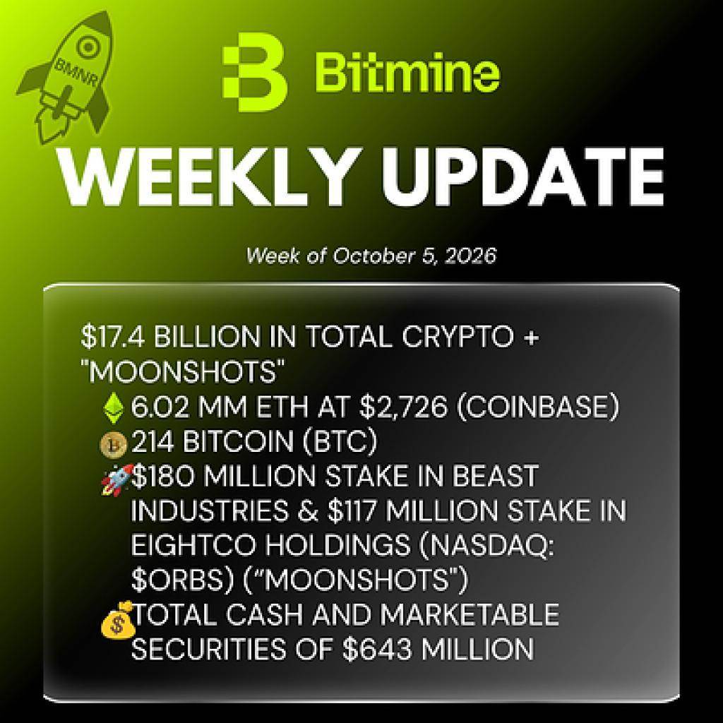 Bitmine Immersion Technologies (BMNR) 宣布持有以太坊数量达602万枚，并披露总加密货币及现金和有价证券总额...