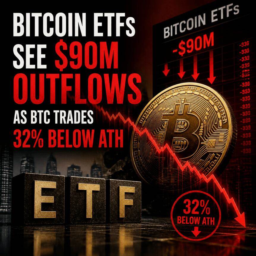 比特币ETF遭遇9000万美元流出，BTC价格较历史高点下跌32%