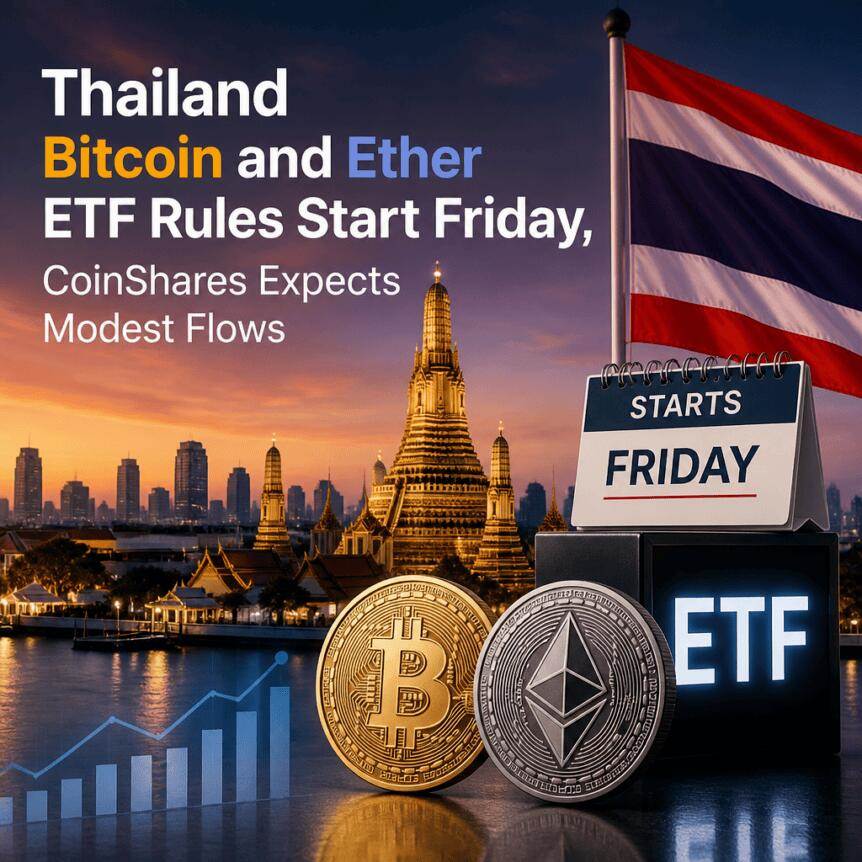 泰国比特币和以太坊ETF规则周五生效，CoinShares预计资金流入温和