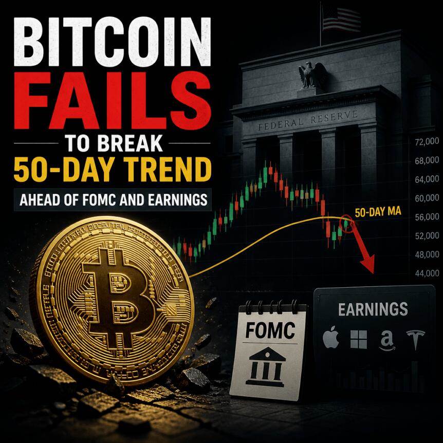 比特币在FOMC会议和财报发布前未能突破50日均线